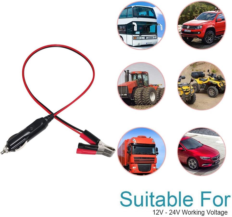Alligator Clamp To Male Cigarette Lighter Extension Cable - 12V-24V Jumper Battery Charge Cord 3Ft Automotive Electrical Clip-On