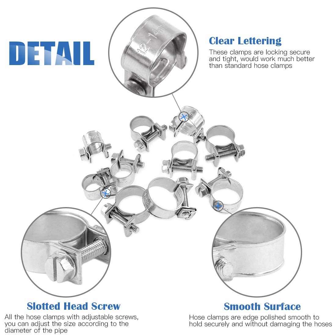 Glarks 50Pcs 7-18Mm Stainless Steel Mini Fuel Injection Hose Clamps Adjustable Pipe Hose Clip Tube Clamps Assortment Kit (Hose C