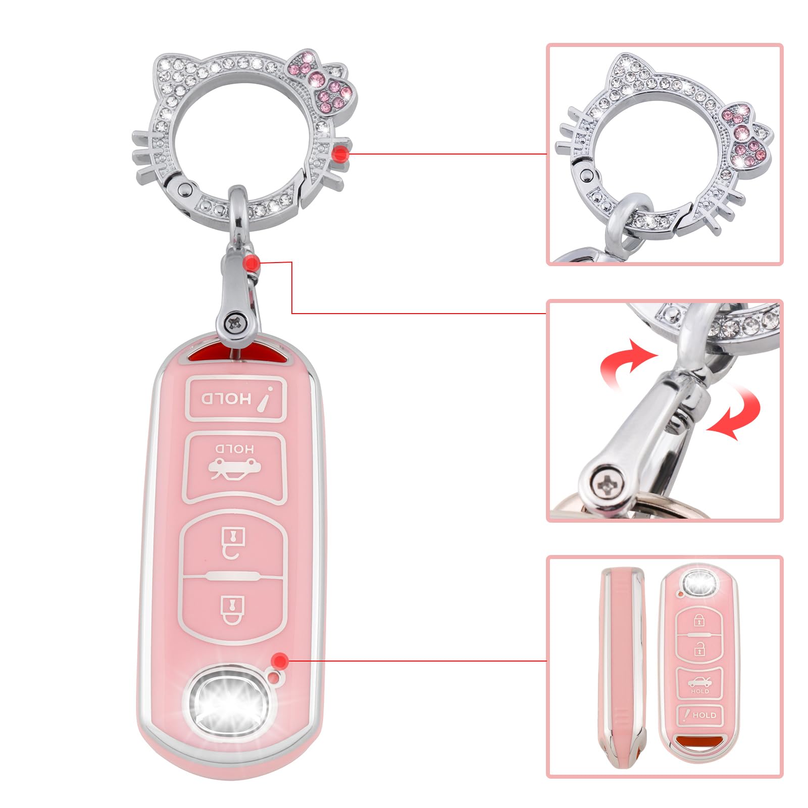 Pangpai Pink Mazda Key Fob Cover, Soft TPU Case with Bling Keychain Fit for 3, 6, Miata MX-5, CX-5, CX-9 Smart Remote