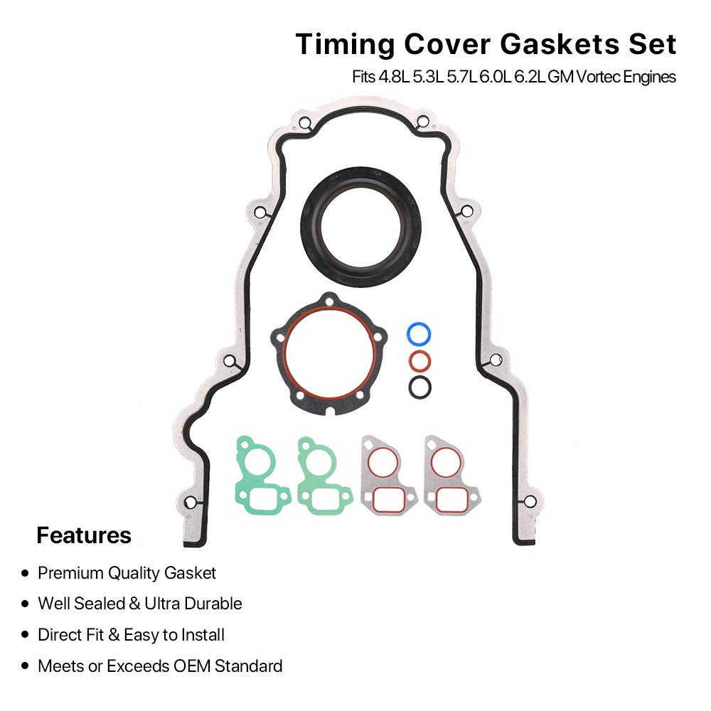 Timing Cover Gasket Set - Compatible with 4.8L 5.3L 5.7L 6.0L 6.2L Chevy Silverado, Suburban, Tahoe, GMC Sierra, Yukon, Savana, Cadillac Escalade - Replace 12633904 TCS45993