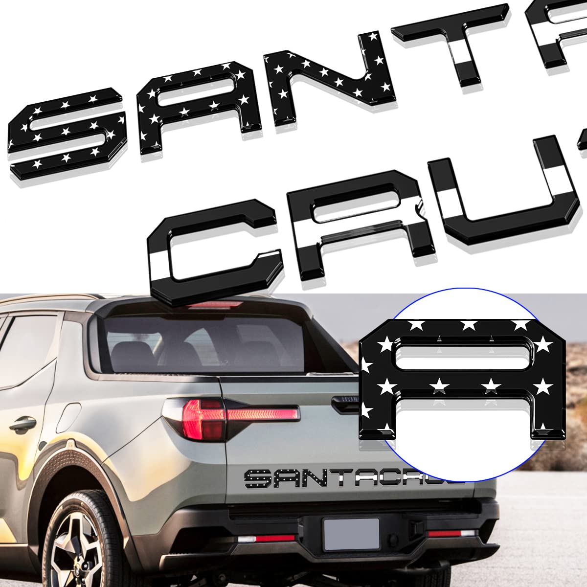 Tailgate Insert Letters Compatible for 2022 2023 Santa Cruz 3M Adhesive & 3D Raised Tailgate Decal Letters (Black American Flag)