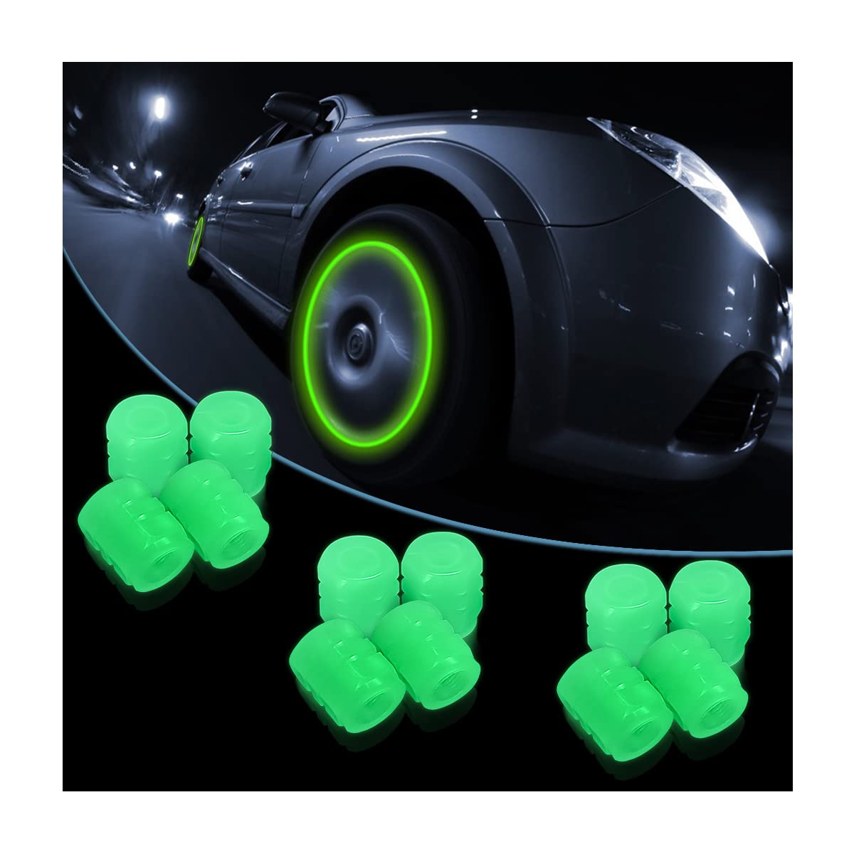 Luminous Tire Valve Stem Caps For Car, 12Pcs Fluorescent Glow In The Dark Air Caps Cover, Illuminated Corrosion Resistant Tire P