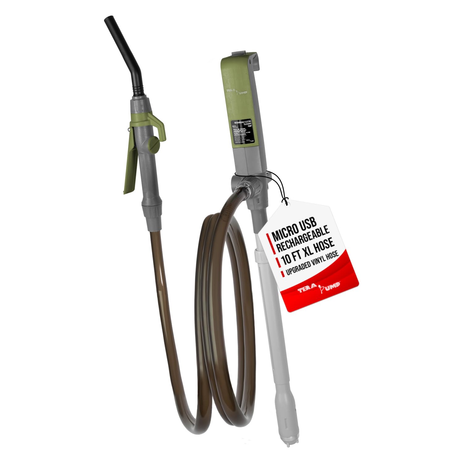 TERA PUMP Fuel Transfer Pump w/Quick Flow Control Nozzle & Telescopic Tube & Powerful Rechargeable Battery, 10FT Discharge Hose,
