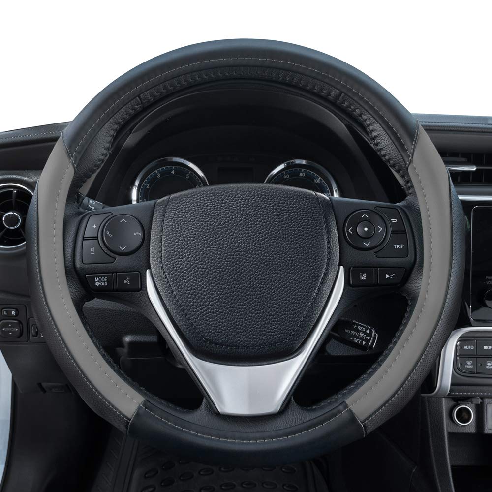 Motor Trend Sportdrive Faux Leather Steering Wheel Cover, Standard 15 Inch Size, Two-Tone Black & Light Gray, Car Steering Wheel