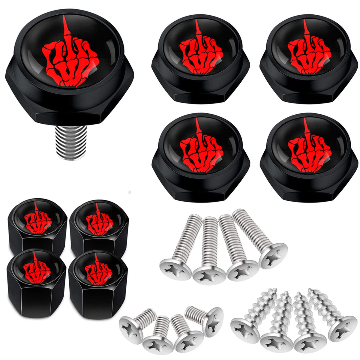 Dsycar Black License Plate Screws Fastener Kit With Skull Finger Screw Covers For Fastening License Plates, Frames And Covers & Bonus 4 Valve Stem Caps (Skull Finger/Black)