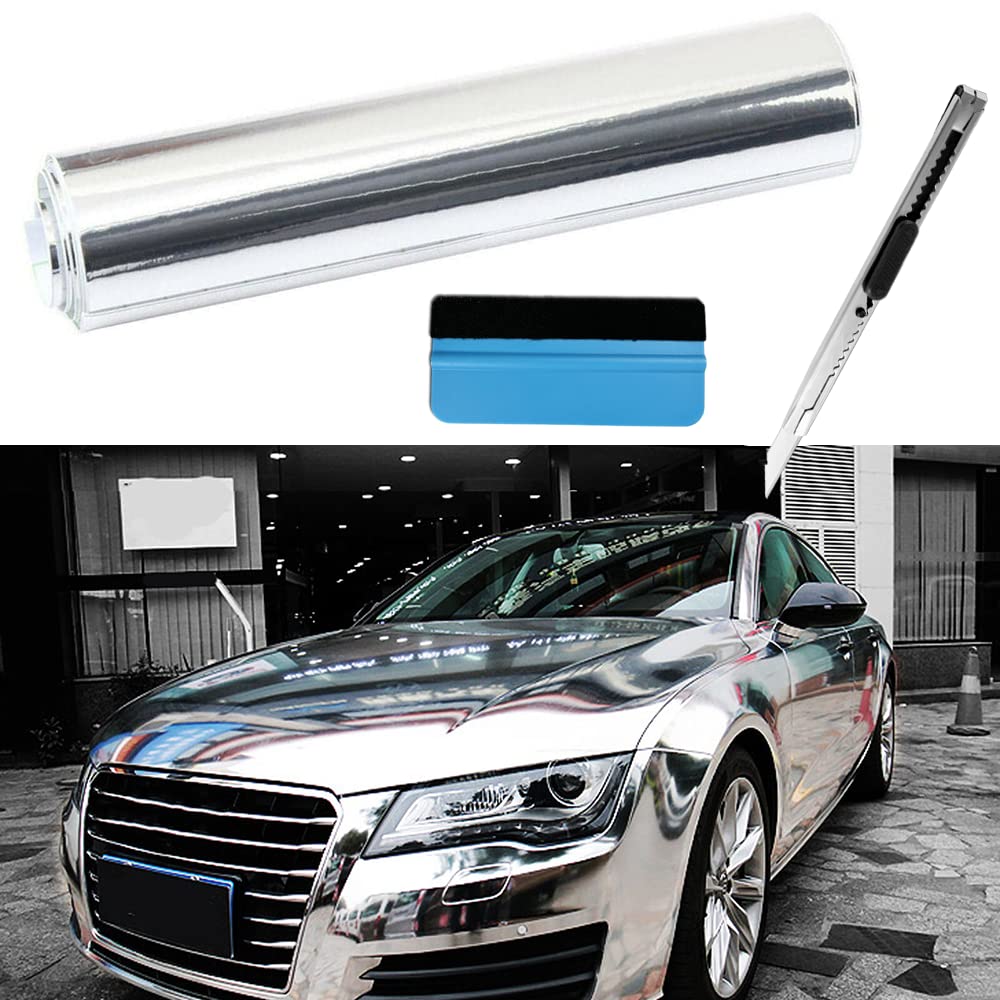 LZLRUN 1FT x 5FT Chrome Mirror Vinyl Wrap Adhesive Car Sticker Decal Film (Silver, 1FT x 5FT)