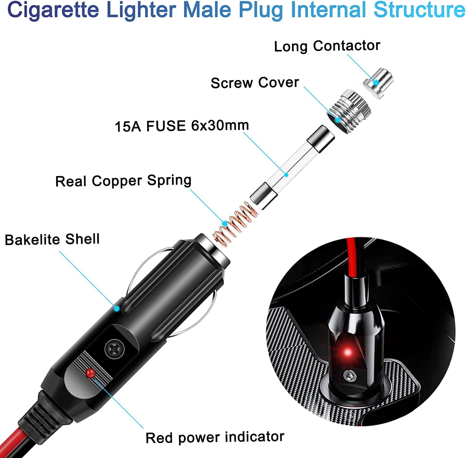 Rwujilong 12V/24V Heavy Duty Cigarette Lighter Extension Cord 12Ft 14Awg With Led Light For Car Vehicle Tire Pump Air Compressor