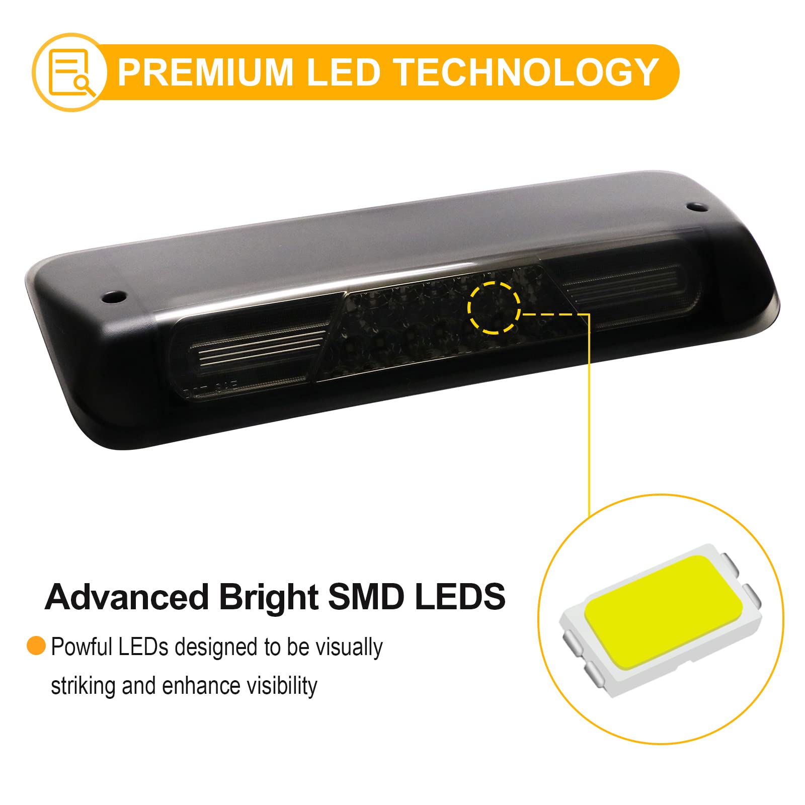 R&F Auto Led Smoked Lens High Mount Stop Lamp Replacement For F150 (2004-2008)/ Explorer Sport Trac (2007-2010)/Mark Lt (2006-2008) Roof Cargo Lights Third Brake Light With Seal Foam Gaskets