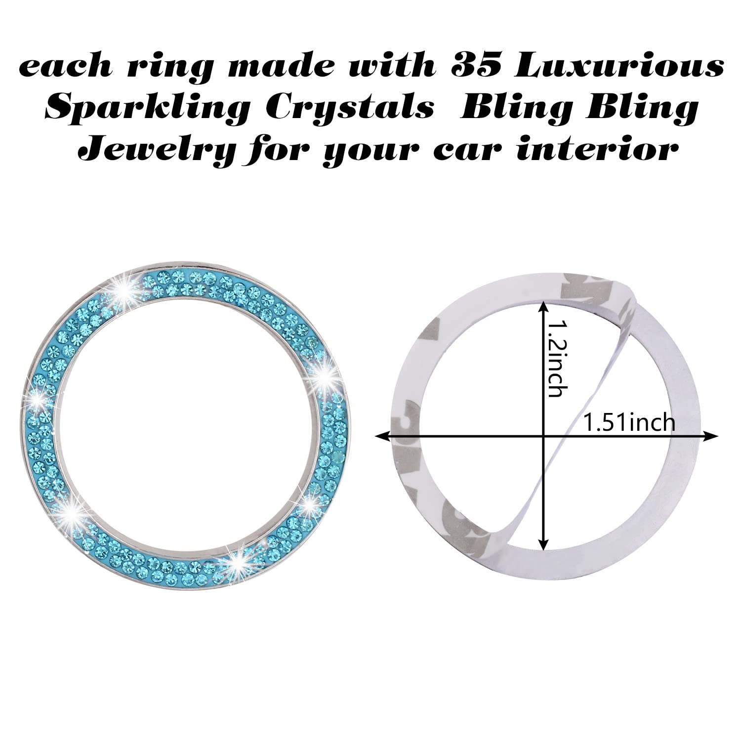 Livtee 2 Pcs Crystal Double Rhinestone Car Engine Start Stop Decoration Ring, Bling Car Interior Accessories For Women, Push To Start Button Cover/Sticker, Key Ignition & Knob Bling Ring, Cyan