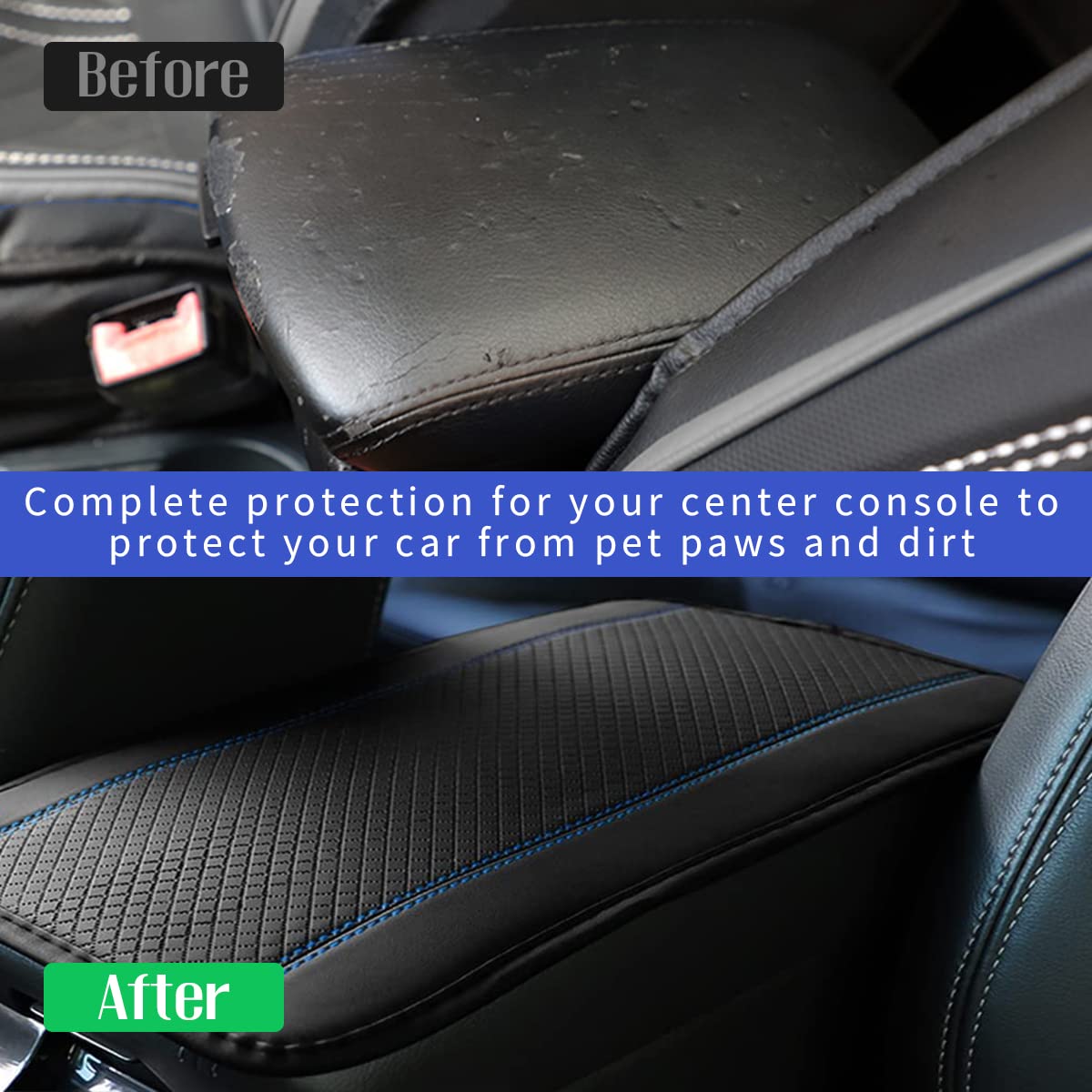 Ziciner Car Center Console Armrest Pad, Pu Leather Waterproof Auto Armrest Seat Box Cover Protector, Universal 12.59X 7.24 Inch Vehicles Interior Accessories For Most Car Suv (Black & Blue)