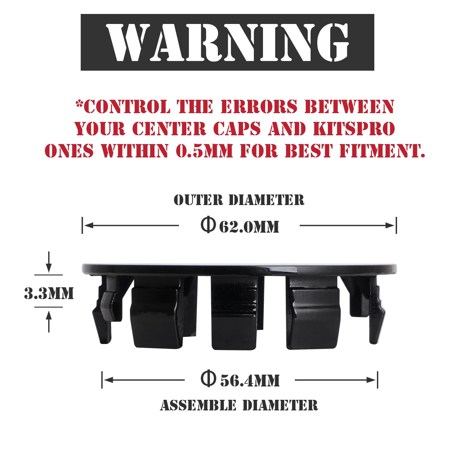 Kitspro 2.4Inch 62Mm Wheel Center Caps, Pack Of 4 (Gloss Black, Outer 62Mm, Inner 56Mm)