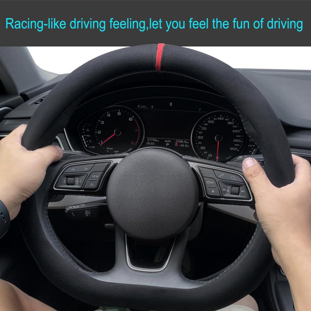 Carodi Car Suede Steering Wheel Cover Car Non-Slip Leather Car Interior Fitting 15-Inch Universal(D-Shape,Black Red Label)