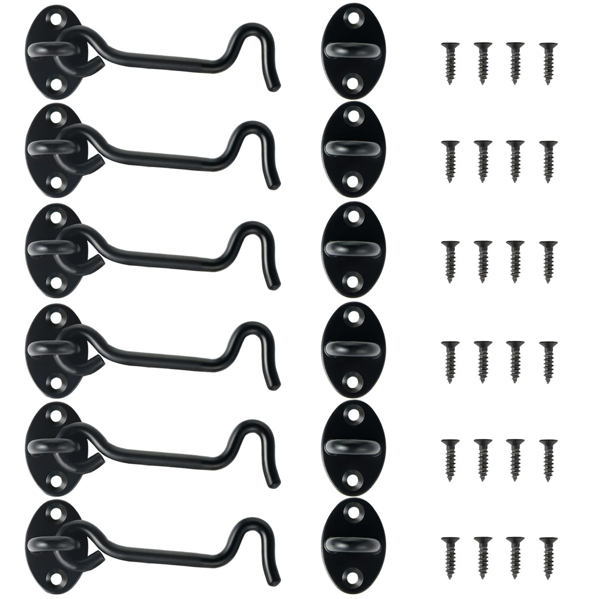 4' Hook And Eye Latch 6-Pack, Heavy Duty Solid Stainless Steel Cabin Privacy Hooks Latch With Mounting Screws For Barn Doors, Bathrooms, Sliding Doors, Sheds, Blinds, Bedrooms. (Black)