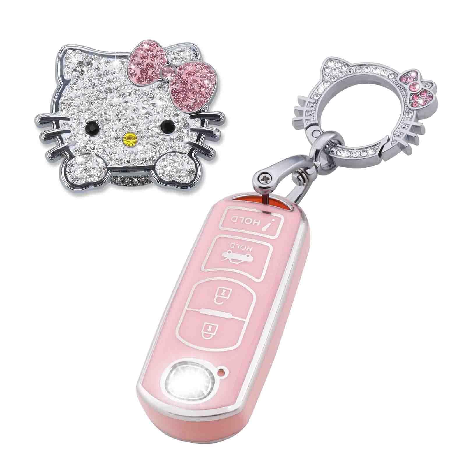 Pangpai Pink Car Accessories 3 Pcs For Mazda 3 6 8 Miata Mx-5 Cx-3 Cx-5 Cx-7 Cx-9 Key Fob Cover With Bling Keychain Cute Push To