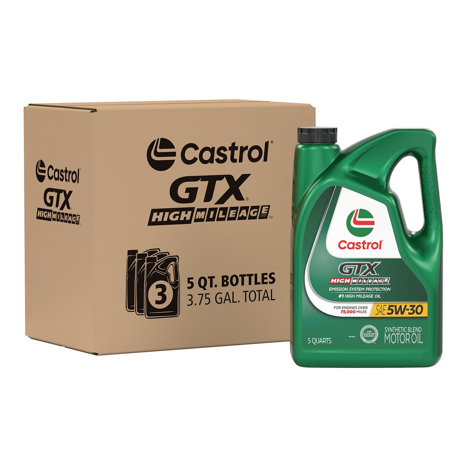 Castrol Gtx High Mileage 5W-30 Synthetic Blend Motor Oil, 5 Quarts, Pack Of 3