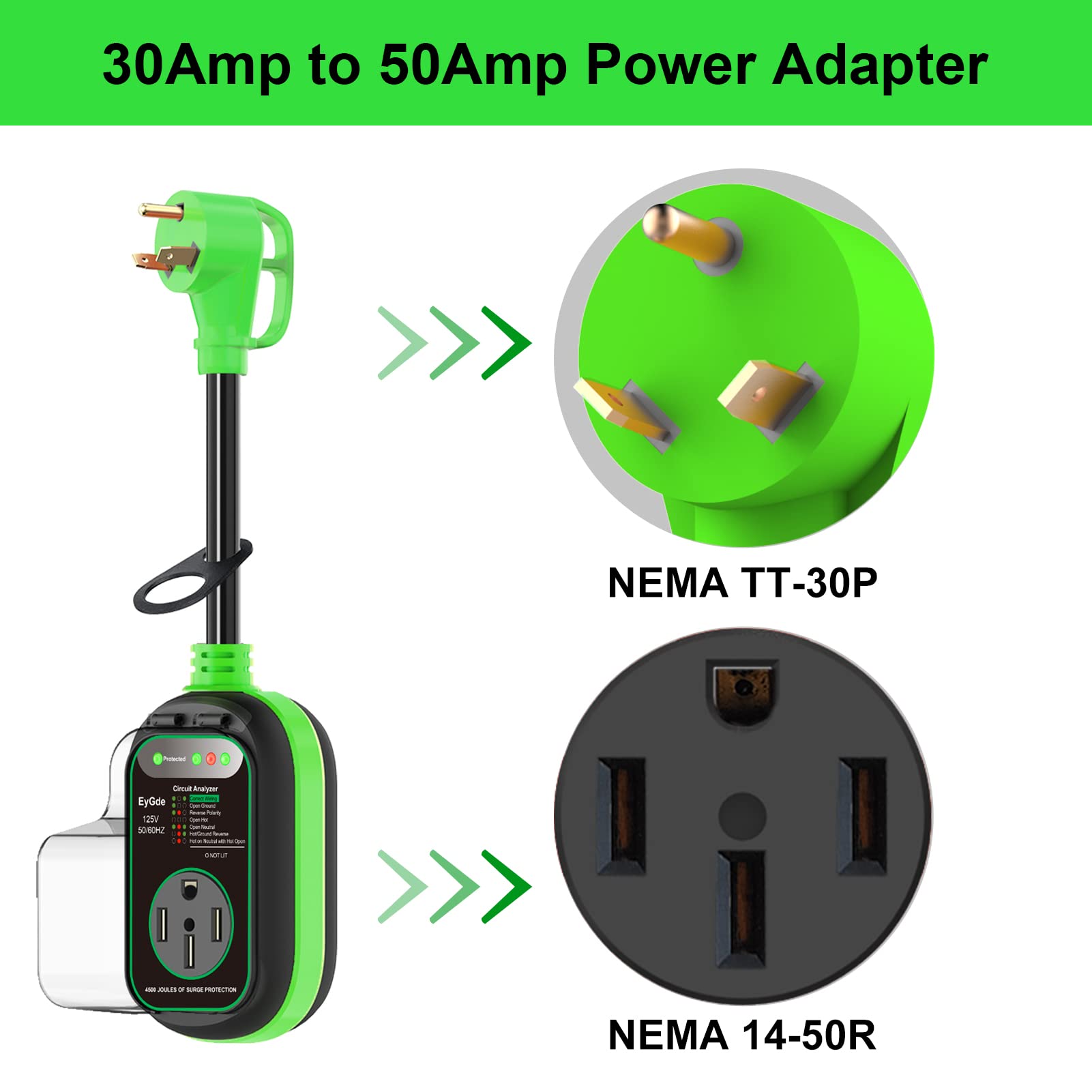 Eygde 30 Amp To 50 Amp Rv Adapter With Surge Protector, Patented 4500J 30 Amp Male To 50 Amp Rv Adapter Plug, Rv Circuit Analyze