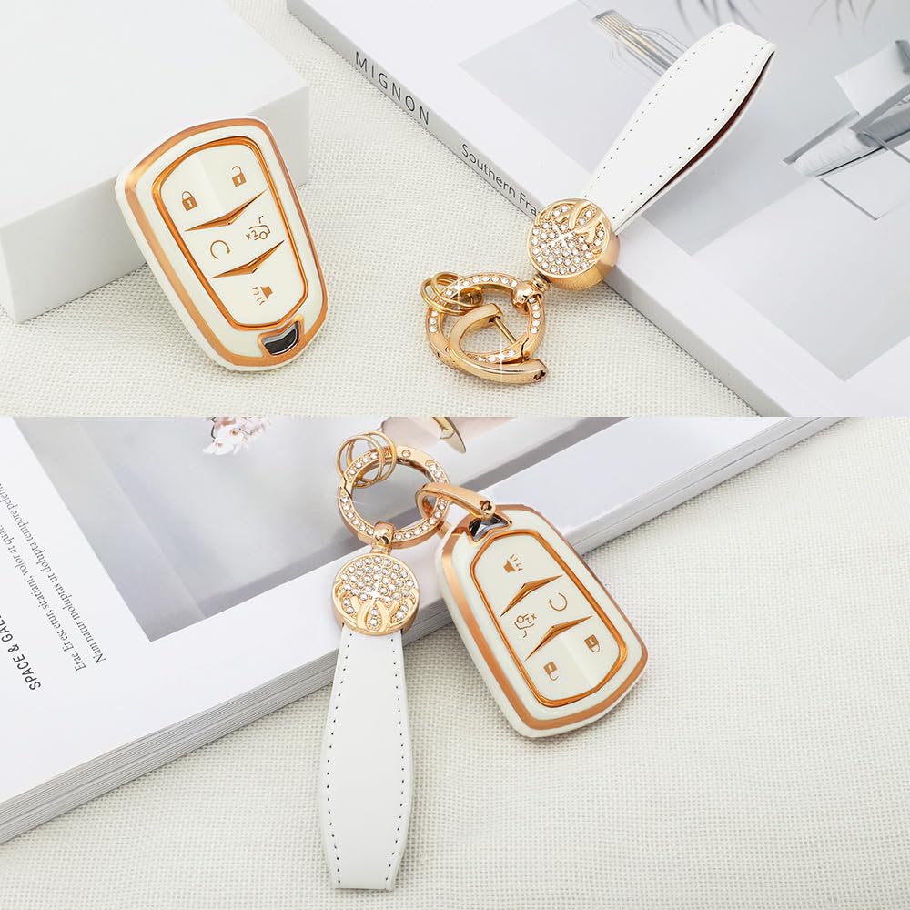 Pifoog Key Fob Cover Accessories For Cadillac Premium Tpu Keys Case Shell Keychain For Cadillac Xt5 Xt6 Xt4 Cts Ct6 Ats Srx Xts Smart Key Covers White Gold Girly Women