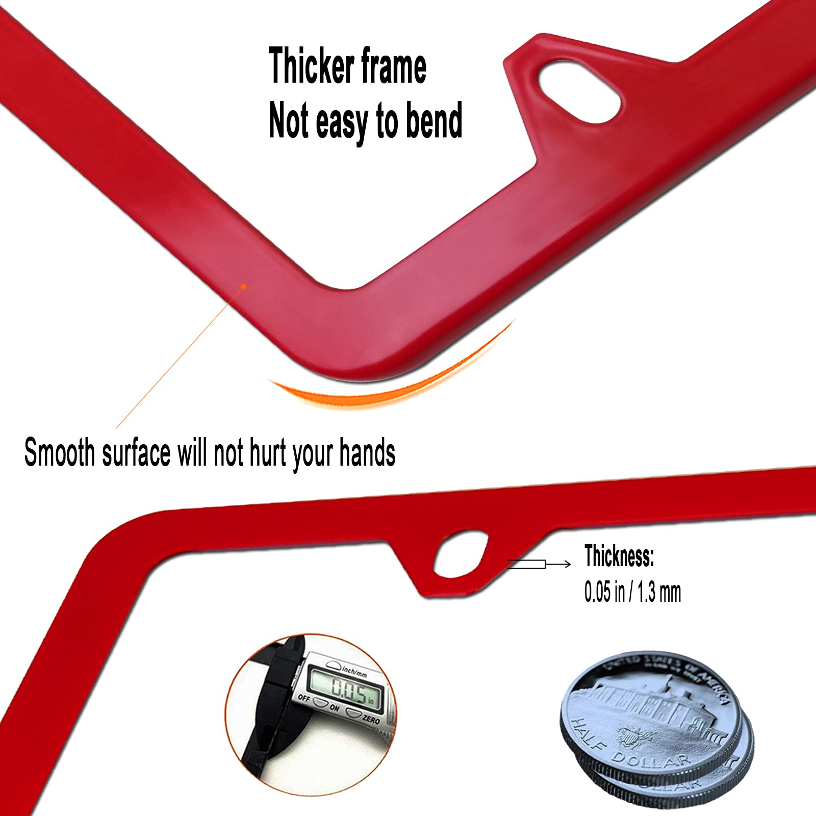 Youoy Red License Plate Frames- Aluminum Front Rear Car Tag Covers For Men Women, 2 Pack 4 Hole Thin Slim Holders With Mounting Hardware Kit- Stainless Steel Screws, Rattle Proof Pads