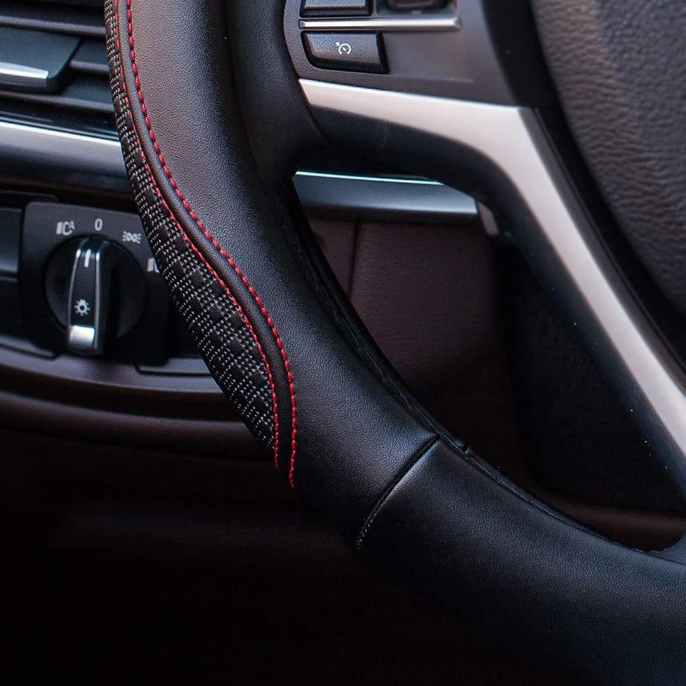 Valleycomfy Leather Steering Wheel Covers Universal 15.75 Inch -Breathable, Anti Slip & Odor Free (Black With Red Lines,L(15 1/2-16))