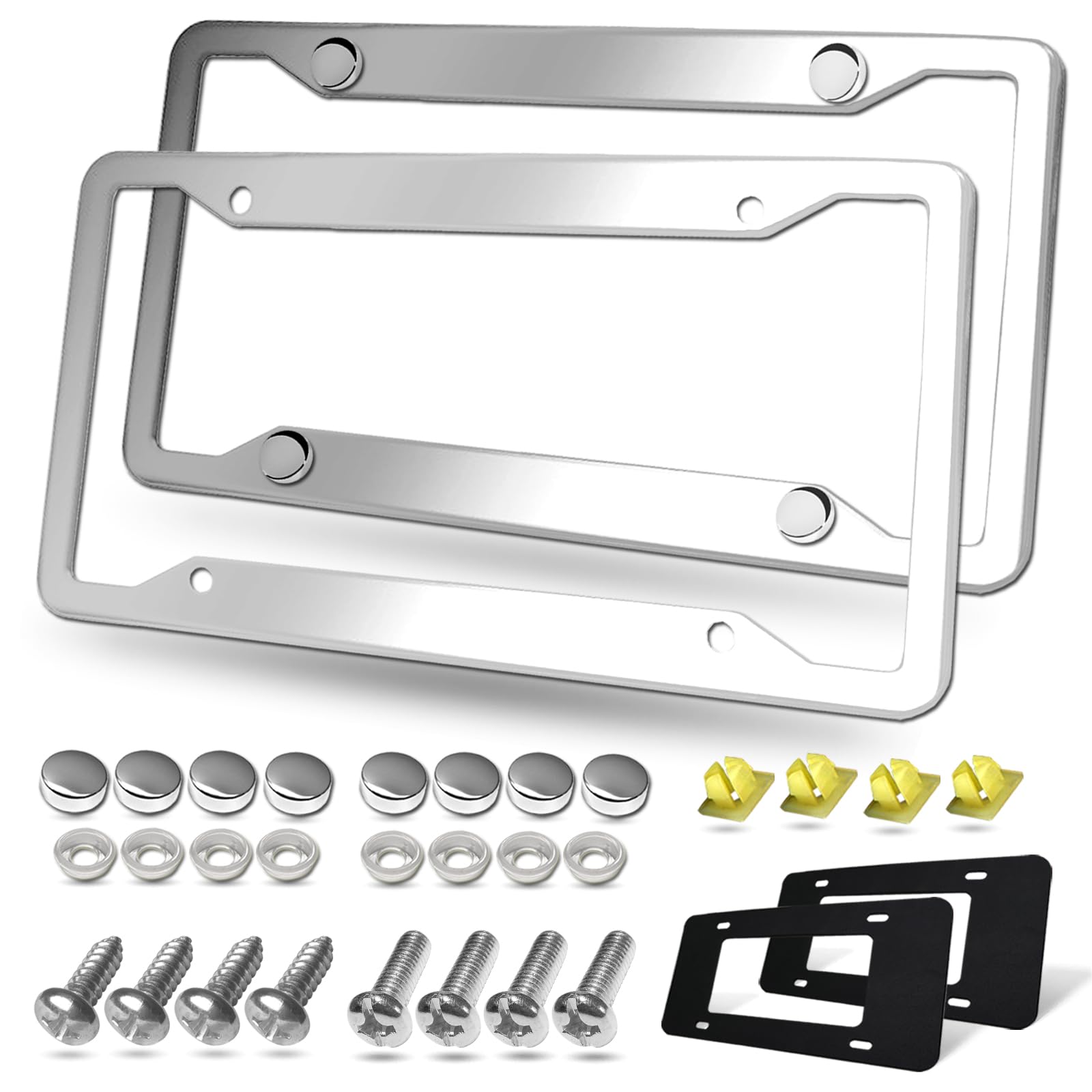 Bggtmo Stainless Steel License Plate Frames- 2 Pack Heavy Duty Polished Mirror Car Tag Cover With Chrome Screws Caps, 4 Holes Fr