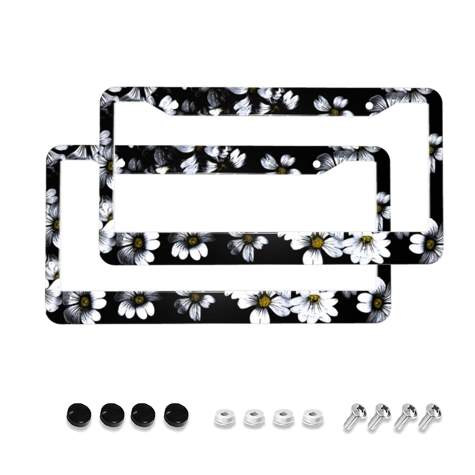 Tropical Daisies License Plate Frames Cover Holders Flowers White Daisies Car Tags Frames Holder Car Accessories 2 Pack 2 Hole Stainless Aluminum Decorative 2 Pcs Set For Girl Women Men Vehicles