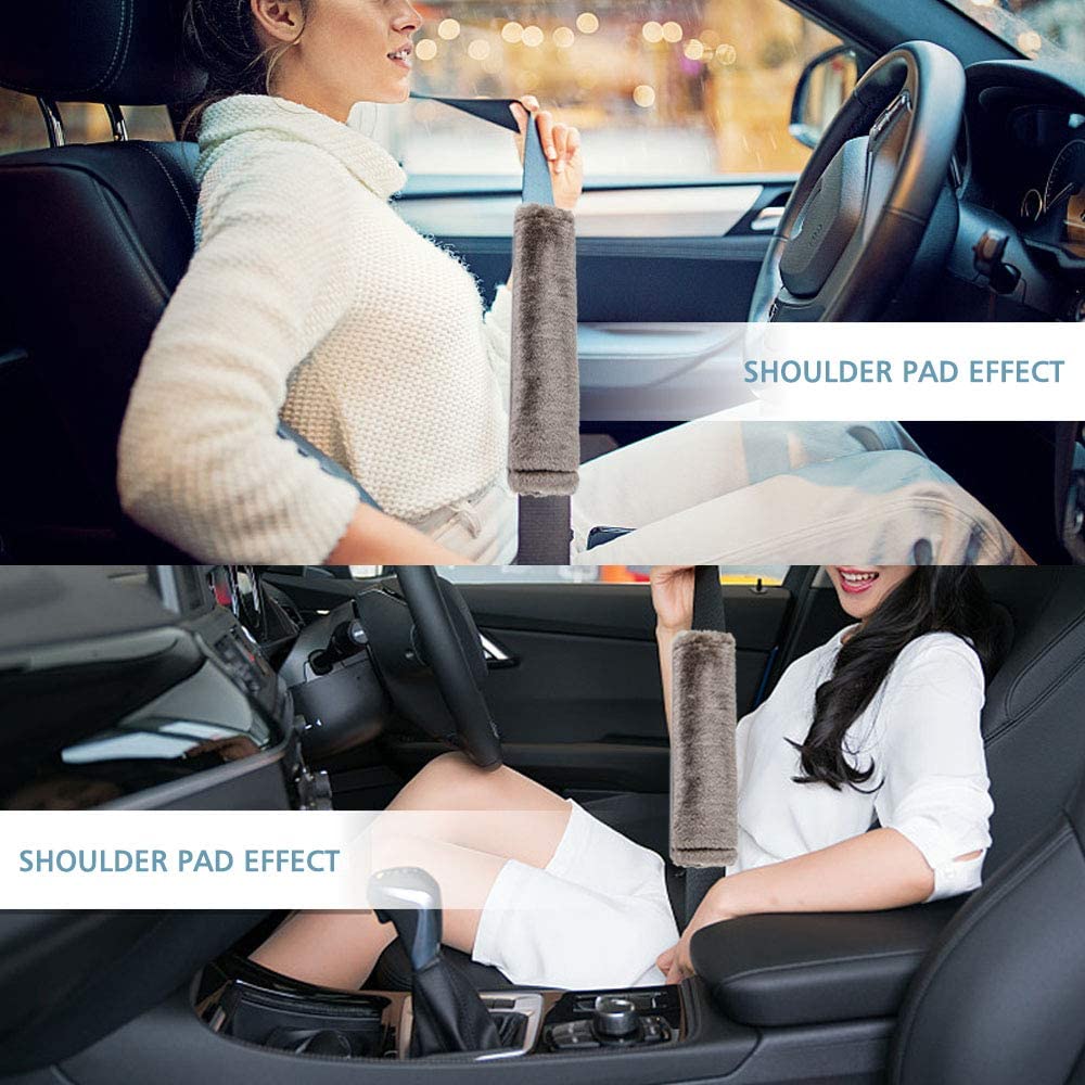 Moonet 2 Packs Car Seatbelt Covers Shoulder Pad For More Comfortable Driving, Universal Seat Belt Cover For Handbag Camera Backpack Straps, Soft Faux Sheepskin Wool Seat Belt Cushion (Gray)