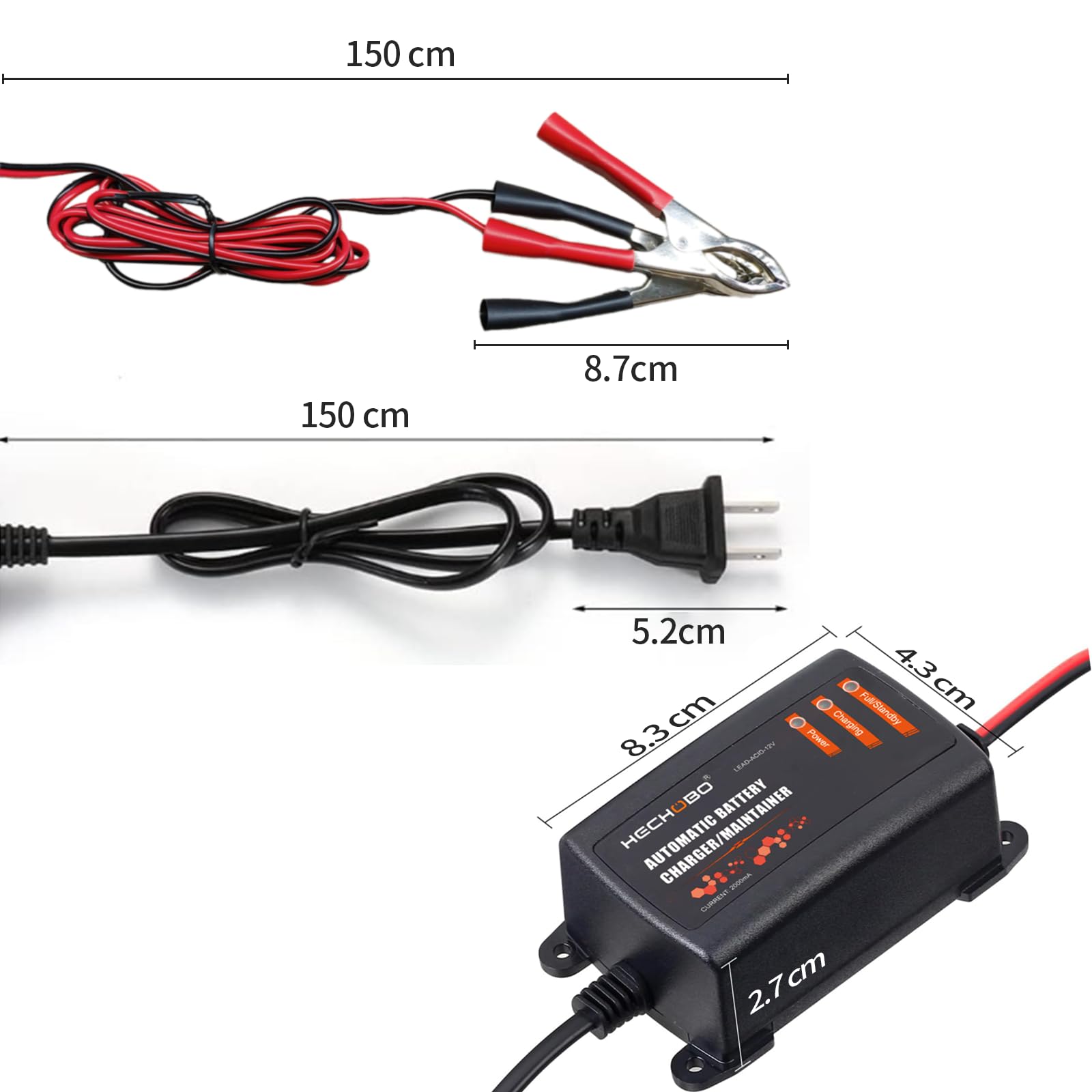 Battery Charger, 12v 2A Trickle Charger for Motorcycle, car, Boat Battery, ATVs, Riding, Mowers and More - 2000mA Battery Mainta