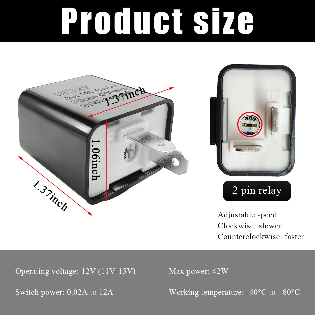 Wevdn 12V Speed Adjustable 2 Pin LED Flasher Relay, Electronic Flasher Relay Replacement Hazard Warn Flasher Relay, 2-Pin Hyper