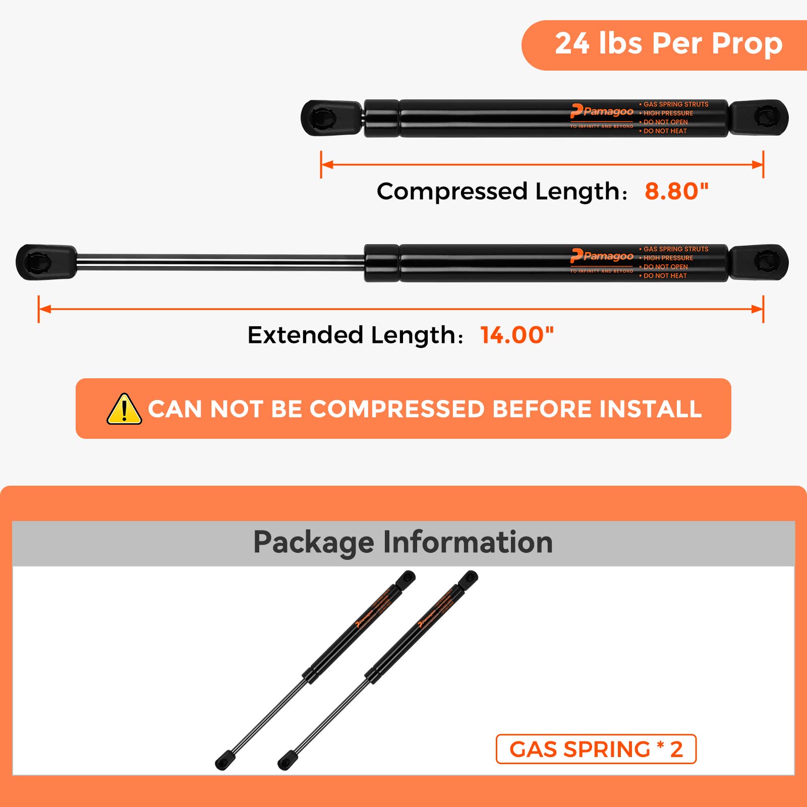 Pamagoo C16-06389 14 Inch Gas Strut 24 Lb 107 N Per Prop, Gas Spring Shock Lift Support For Leer Camper Shell Shock Truck Topper Rear Window Weatherguard Tool Box Cabinet Lid(2 Pack)