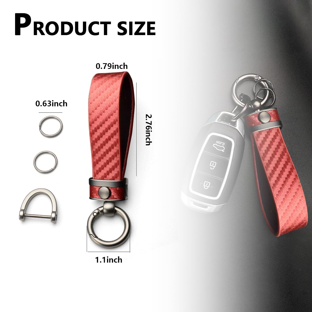 Ziciner Carbon Fiber Car Key Chain, Universal Premium Leather Car Key Fob, 360 Degree Rotatable With Anti-Lost D-Ring (Red)