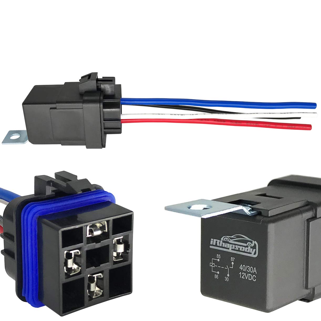 Irhapsody 4-Pin 40/30Amp 12V Dc Waterproof Relay With Harness - Heavy Duty 12 Awg Tinned Copper Wires, 1 Pack Spst Automotive Re