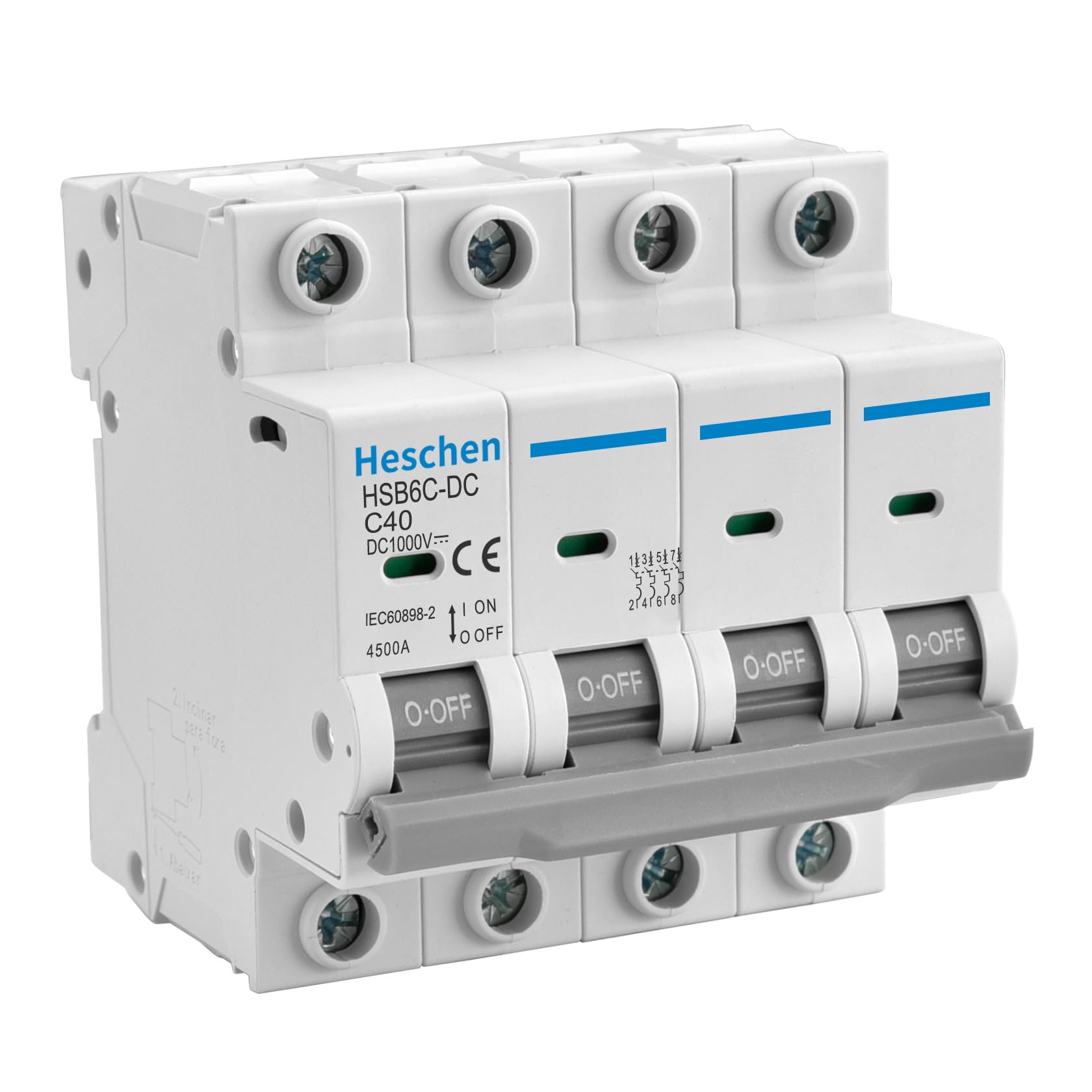 Heschen Dc Miniature Circuit Breaker, Hsb6C-Dc, 4 Poles, Dc1000V 40A, Photovoltaic Circuit Breaker, For Solar Pv System Solar Panels Grid System, 35Mm Din Rail Mounting