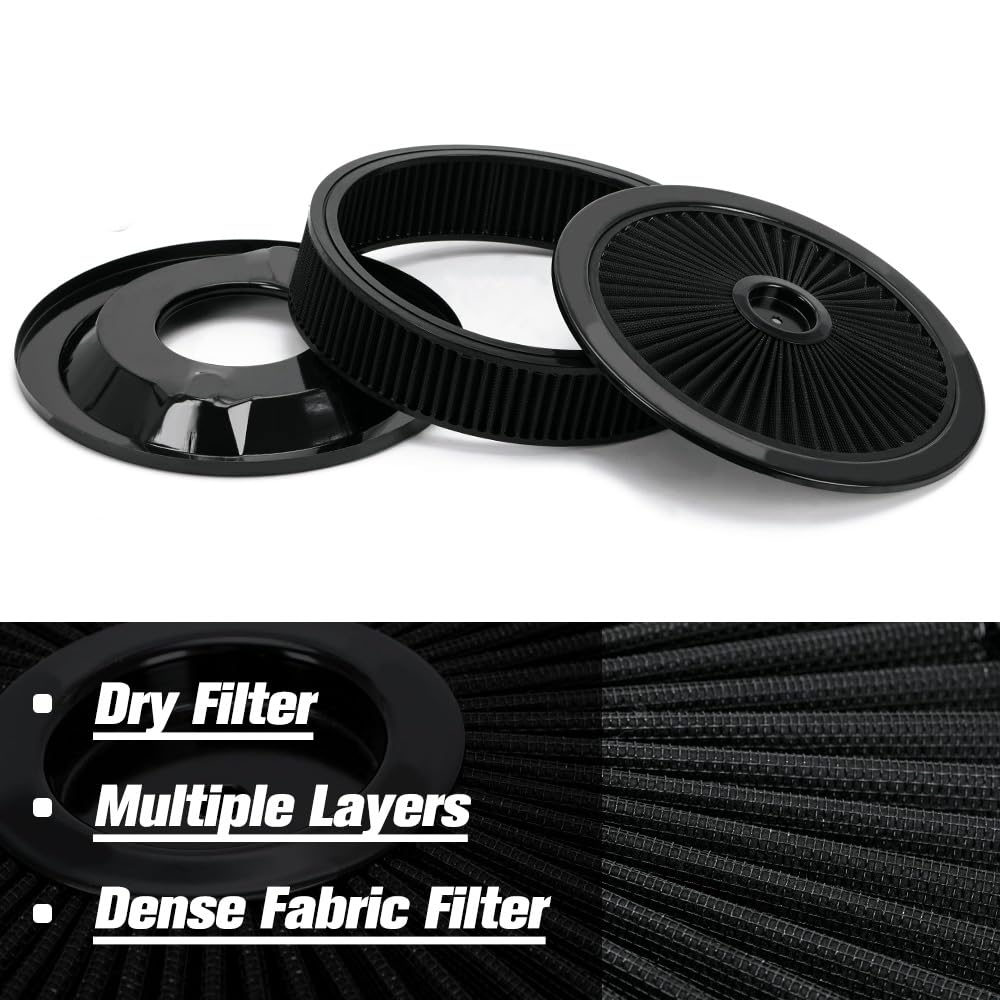 PTNHZ 14x3 Round Air Cleaner Filter Assembly w/Flow-Thru Lid Caburetor High Flow Compatible with Chevrolet GMC Ford Black
