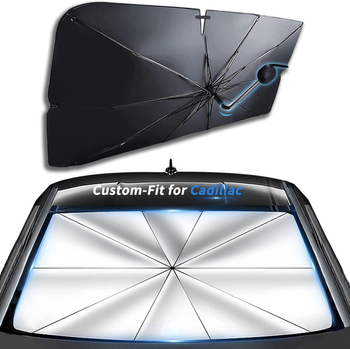 Custom-Fit for Cadillac Windshield Sun Shade Umbrella, Car Sunshade Cover UV Block Car Front Window with 360Rotation Bendable Ha