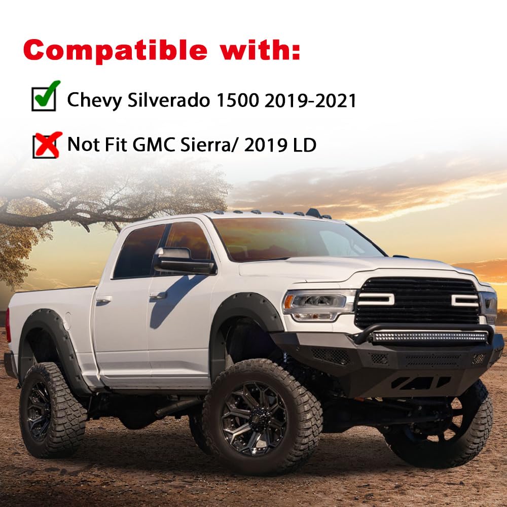 G-PLUS Fender Flares for Chevy Silverado 1500 2019-2021, Pocket Rivet, Smooth Black, Durable Polypropylene, 4-Piece Set