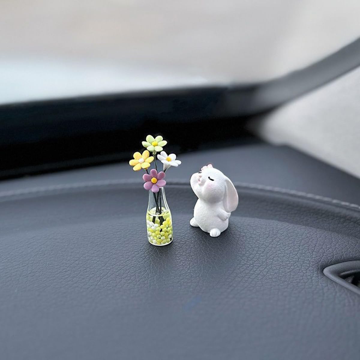 Generic Set Of 2 Cute Mini Bunny And Daisy Flower Vase Car Rearview Mirror Ornaments Funny Dashboard Decorations Kawaii Car Inte
