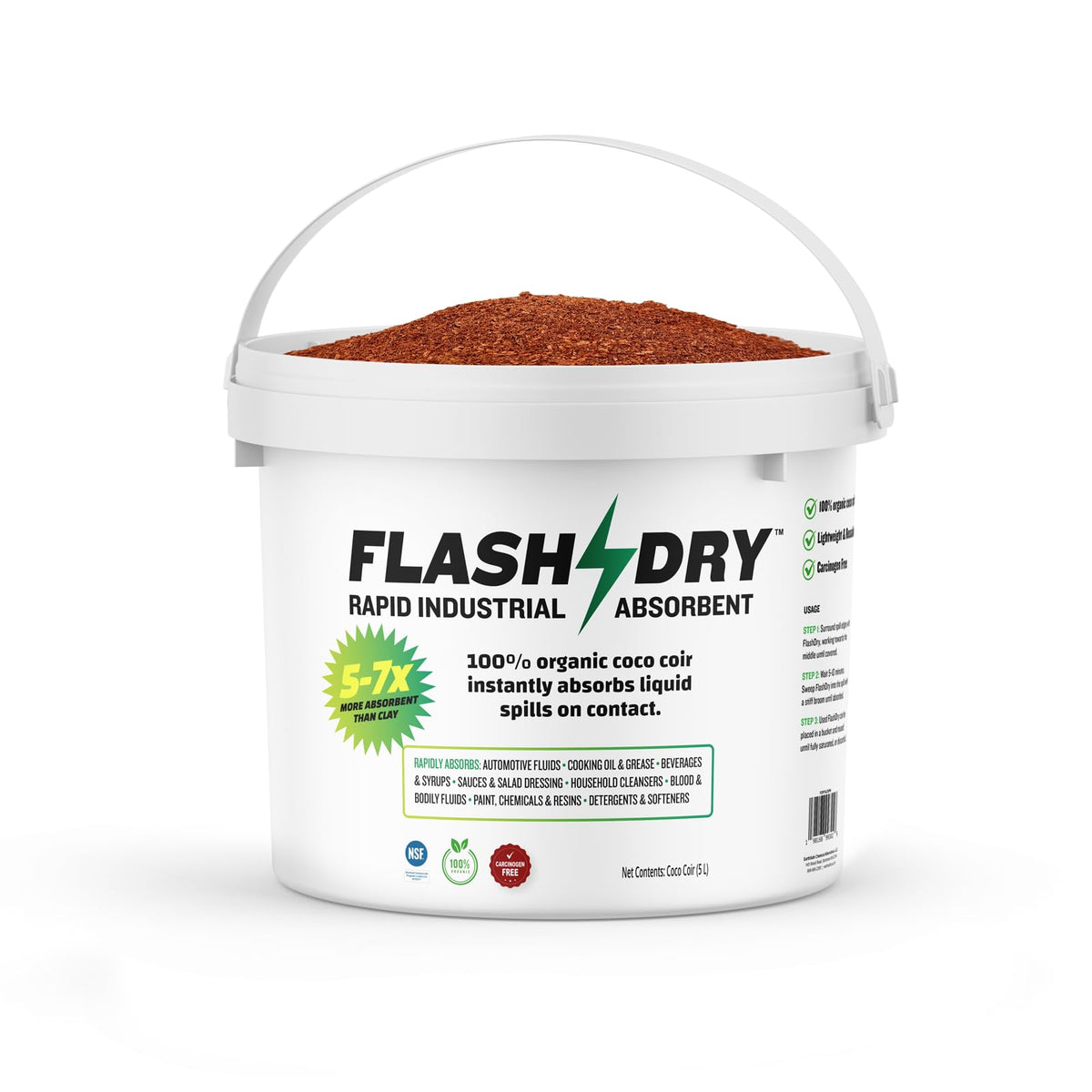 Flashdry Super Spill Absorbent, 5L Bucket With Dispenser Lid, 100% Organic Coco Coir, Landfill Safe, Osha Approved, Ideal For Absorbing Oil, Paint, Grease In Garages, Kitchens, Janitor Kits