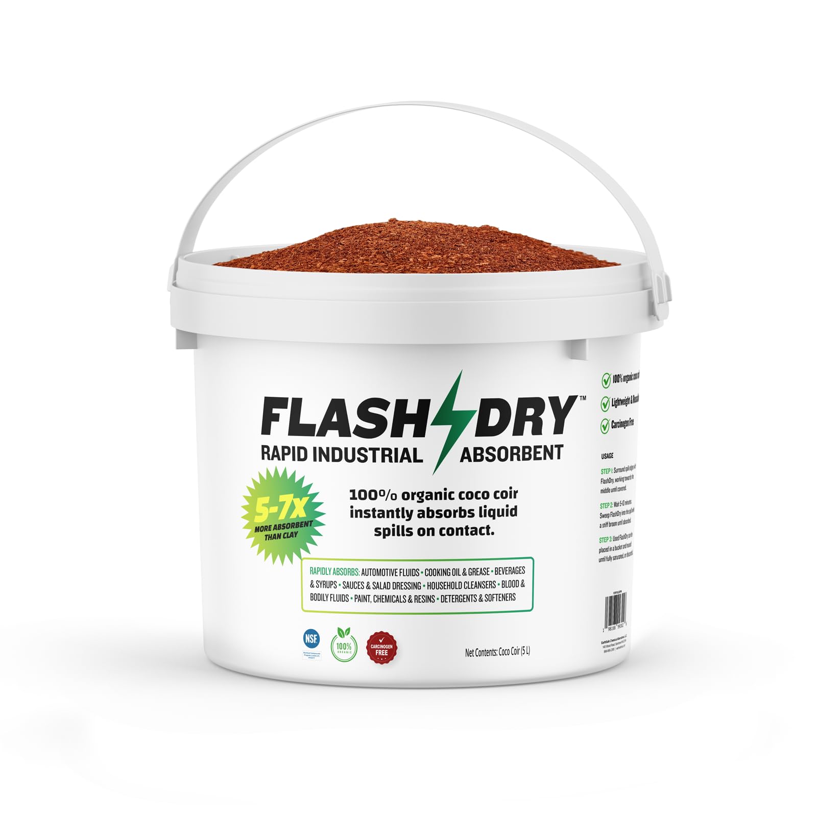 FlashDry Super Spill Absorbent, 5L Bucket with Dispenser Lid, 100% Organic Coco Coir, Landfill Safe, OSHA Approved, Ideal for Ab