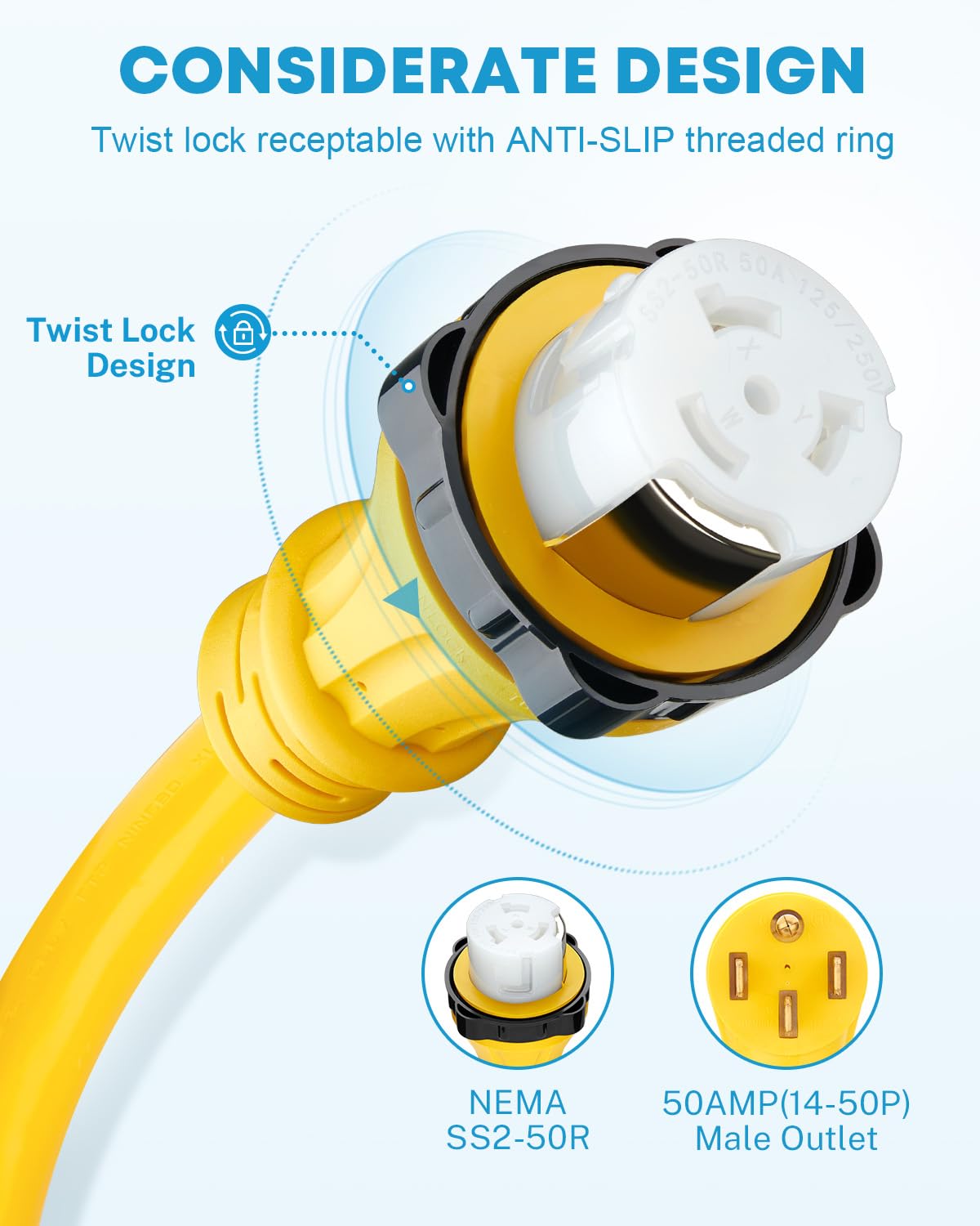 Kohree 50 Amp Rv Extension Cord 25Ft Heavy Duty Generator Cord, 50 Amp Rv Power Cord With Grip Handle, Nema 14-50P To Ss2-50R Tw