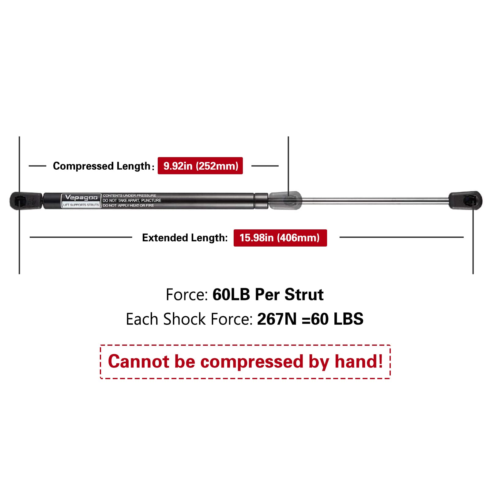 Vepagoo C16-21949 16 Inch 60Lbs/267N Gas Shocks Struts For Leer Are Atc Camper Topper Rear Window Truck Cap Camper Shell Canopy,