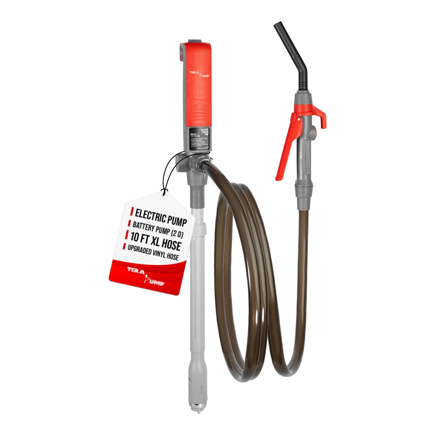 Tera Pump Fuel Transfer Pump W/Quick Flow Control Nozzle & Telescopic Tube - 3X Powerful D Battery Powered, 10Ft Xl Long Discharge Hose, Multipurpose Portable Battery Pump For Gas, Diesel (2.4 Gpm)