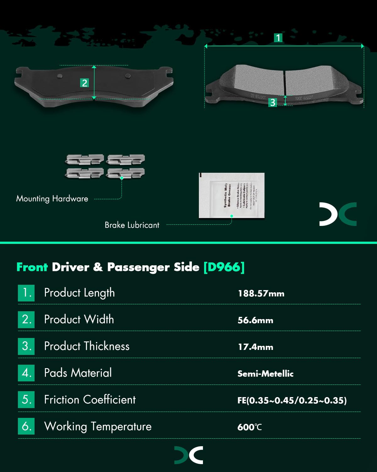 Scitoo D966 Semi-Metal Brake Pads Kits Front Replacement For Dodge For Durango 2003-2006,For Dodge Ram 1500 2002-2005,For Dodge