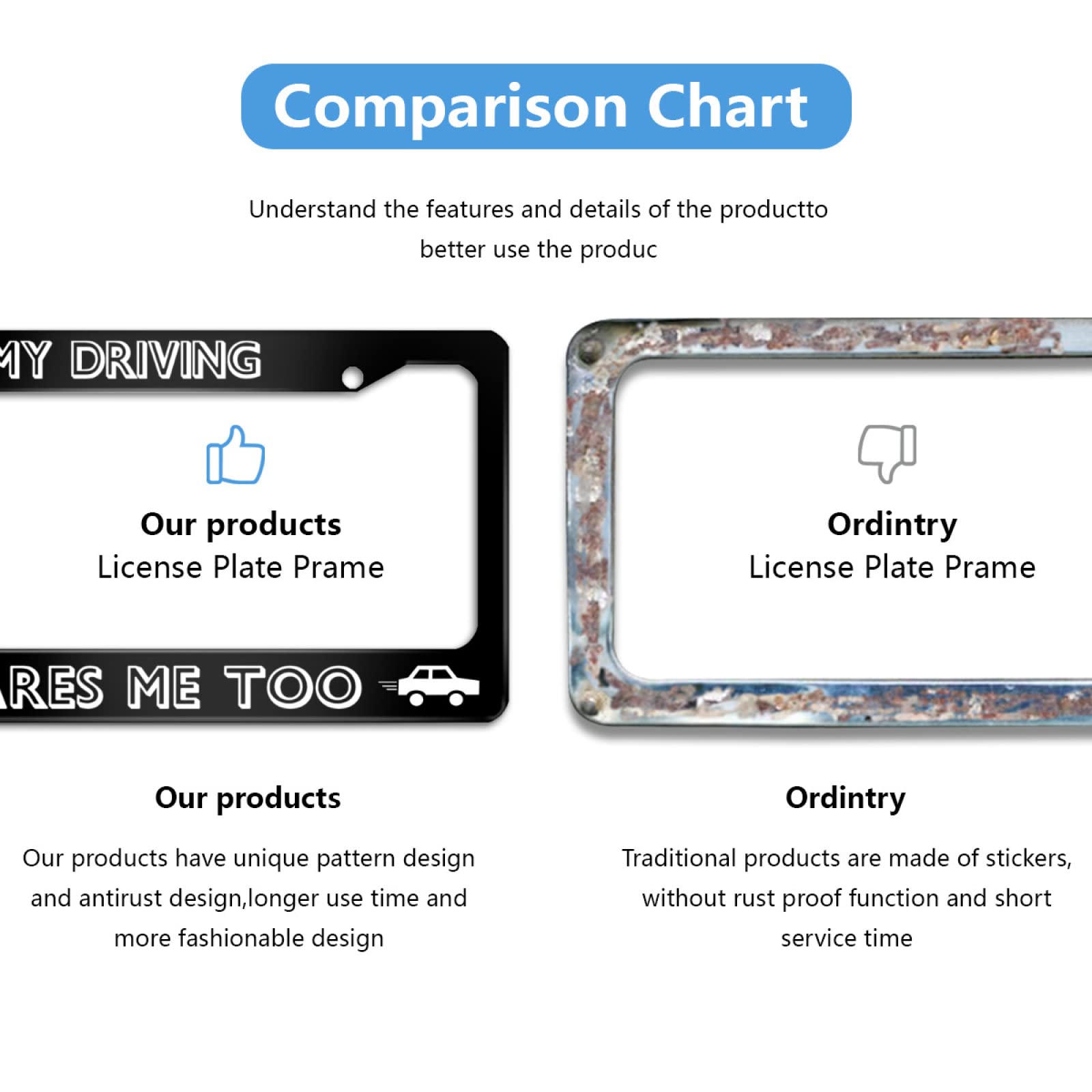 Personalized License Plate Frame Stainless Steel My Driving Scares Me Too Car License Plate Accessory Decorative 2 Holes And Scr