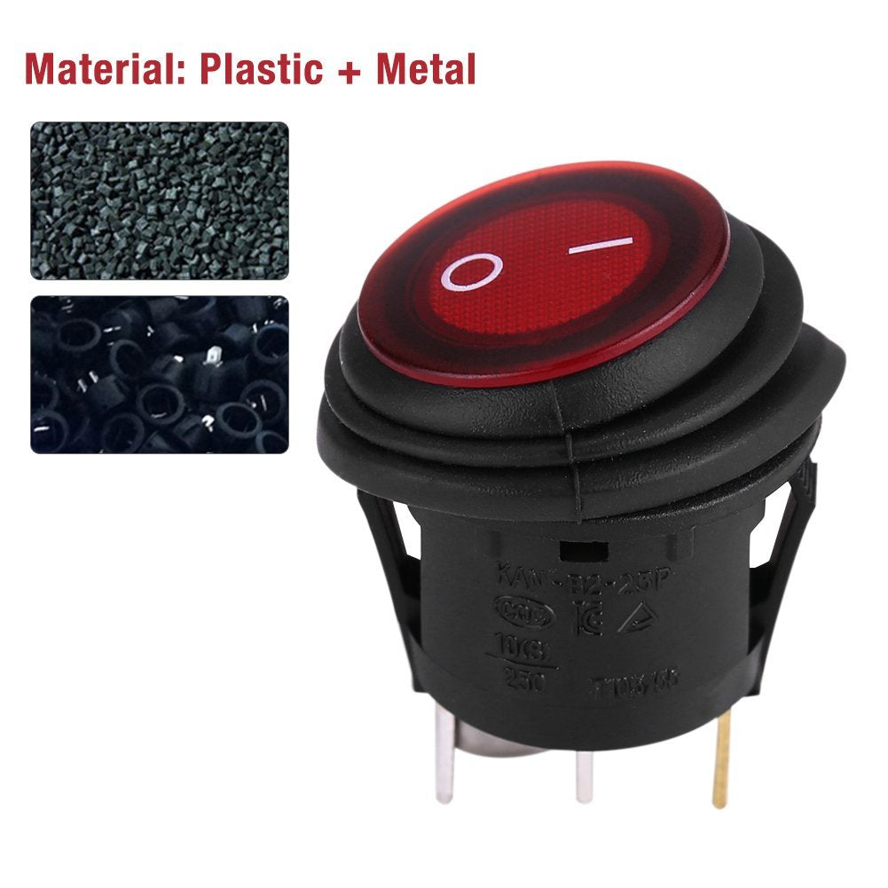 Keenso Rocker Switch 12/24V 3Pin Red LED Toggle Switch Waterproof Round Button Rocker Toggle Switch for Car Auto Boat Truck