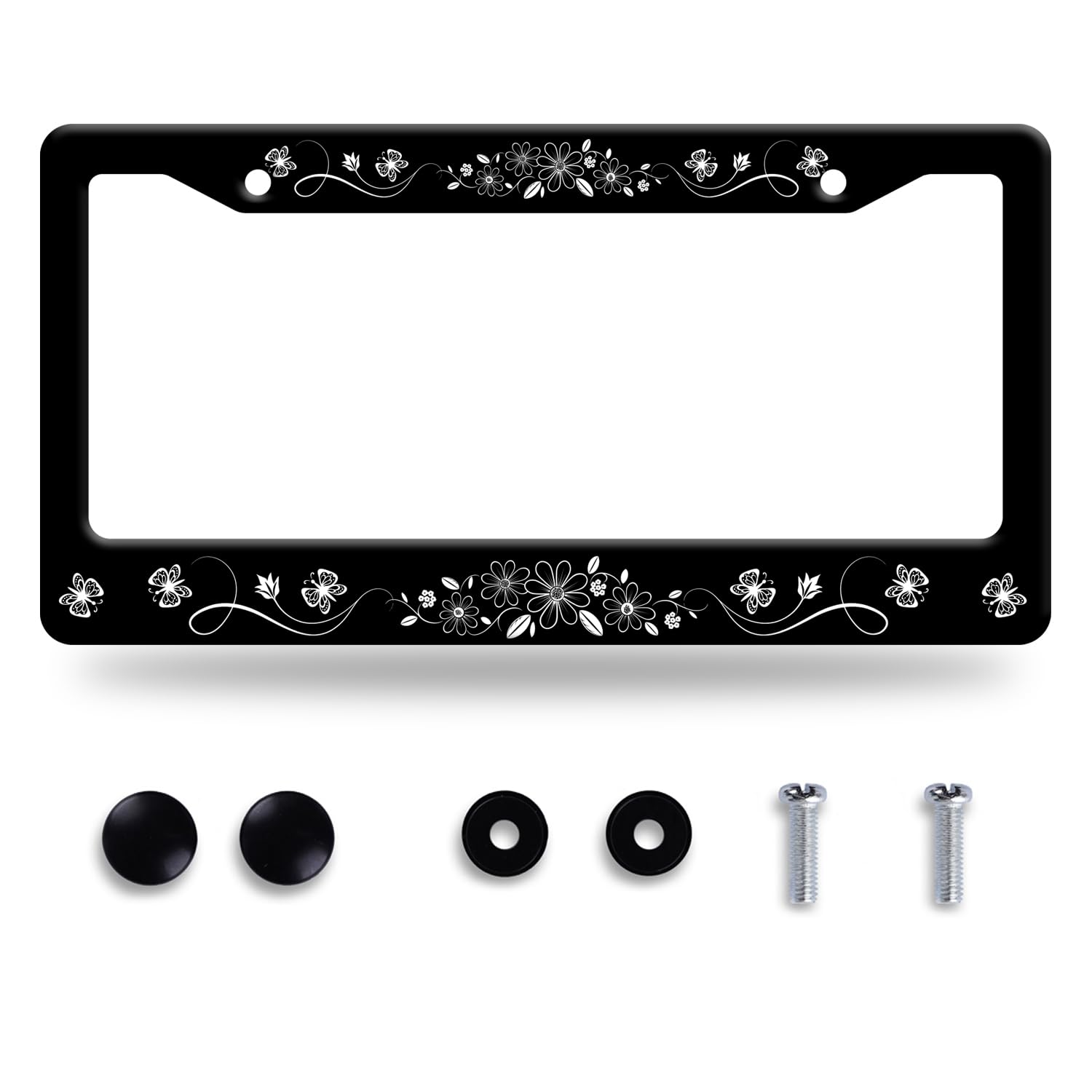 Black White Daisy Butterfly License Plate Frame Flowers License Plate Stainless Steel Funny License Plate Holder Floral Car Acce