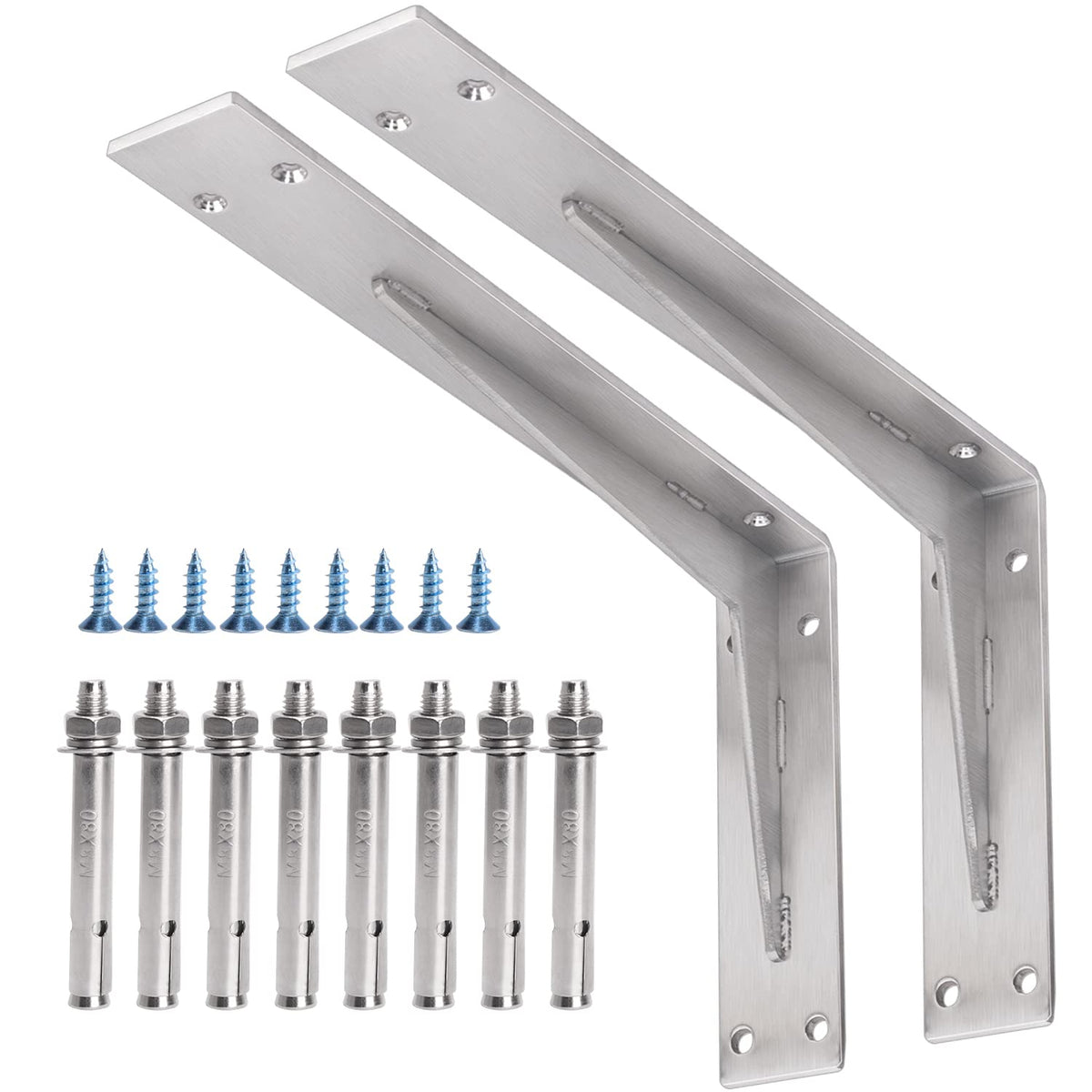 Yumore Shelf Bracket Heavy Duty 14X8X2 In, 1/5In Extra Thick Solid L Brackets Stainless Steel Countertop Bar Top Support Brackets Wall Mounted, Includes Hardware, 2 Pack