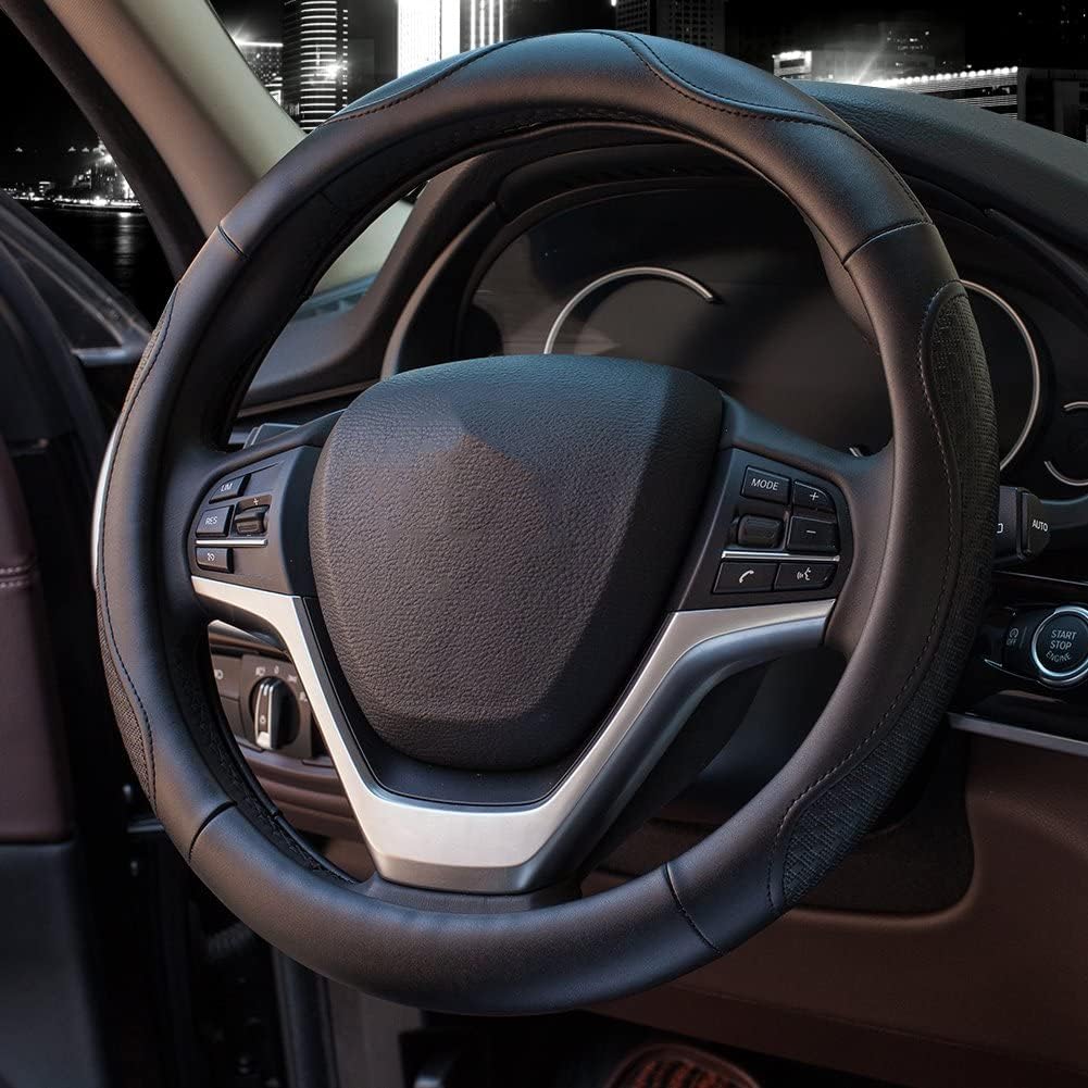 Valleycomfy Leather Steering Wheel Covers Universal 15.75 Inch -Breathable, Anti Slip & Odor Free (Black With Black Lines,L(15''