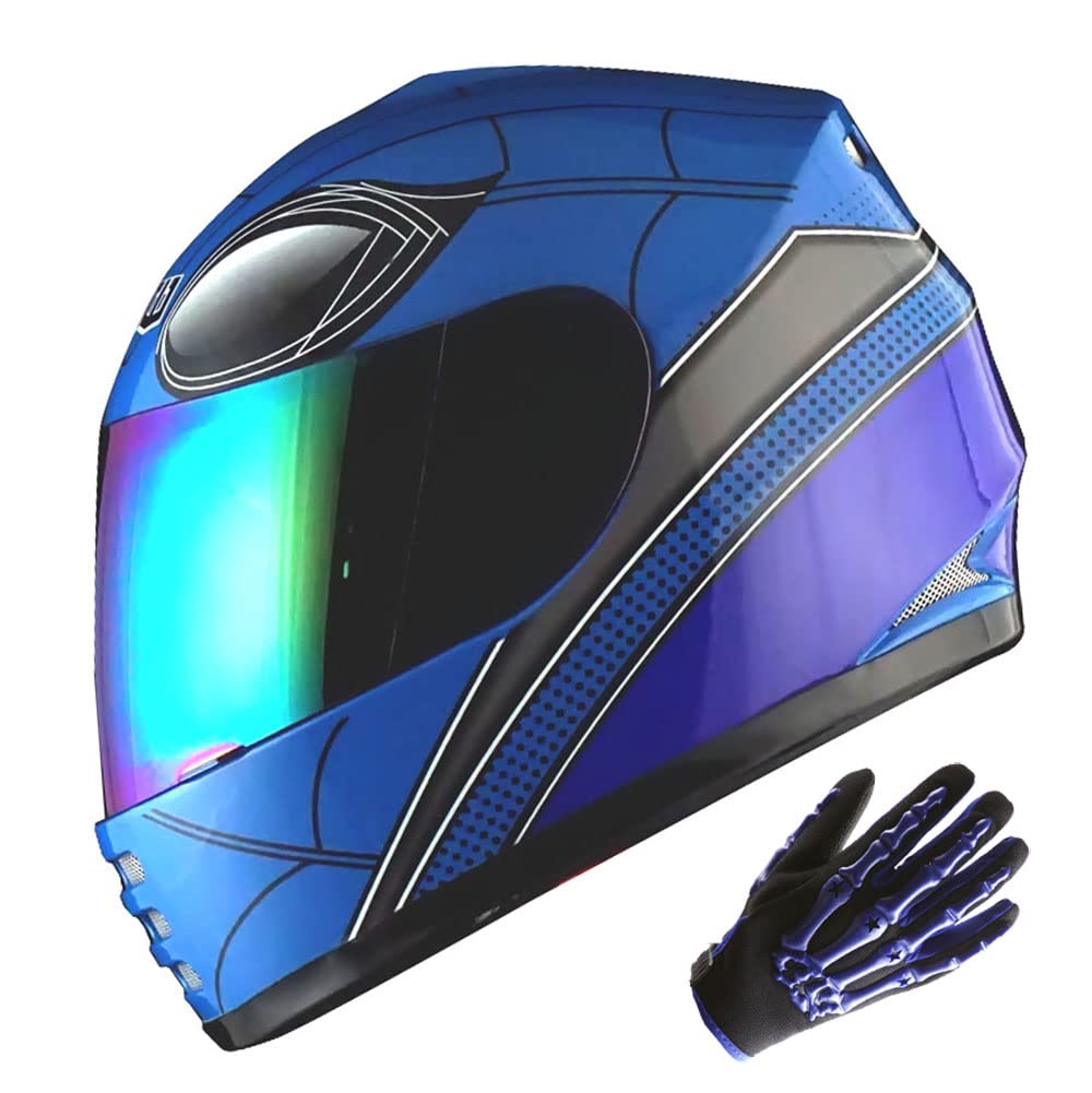 Wow Youth Motorcycle Full Face Helmet Street Bike Bmx Mx Kids Spider Blue + Mx Skeleton Glove Bundle