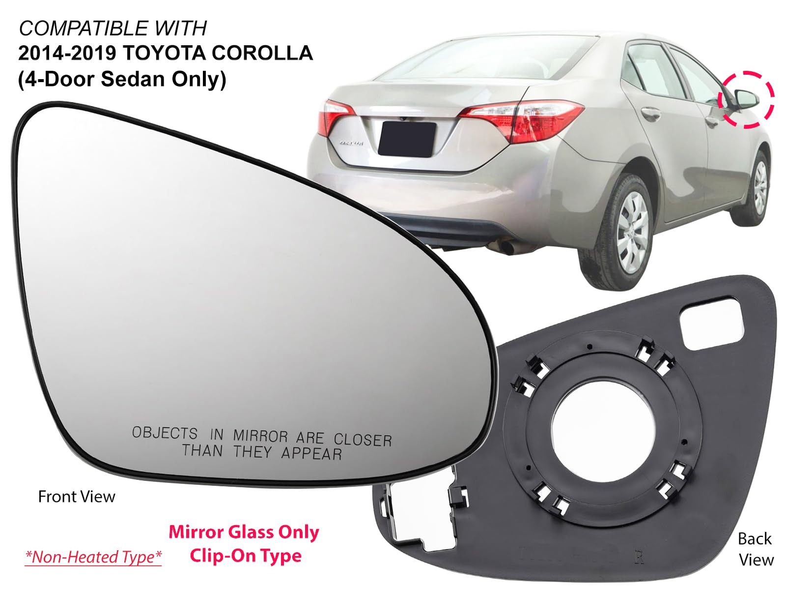 APA Replacement for Exterior Rear View Mirror Glass Non-Heated 2014-2019 Corolla Sedan Only Passenger Right Side 8793102F80 TO13