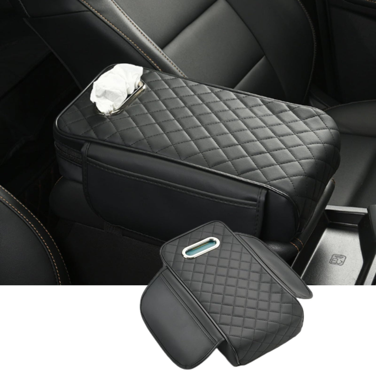 Edotim Arm Rest Cover for Car, Microfiber Leather Car Center Console Cover with 2 Storage Bags and a Tissue Box, Universal Car C